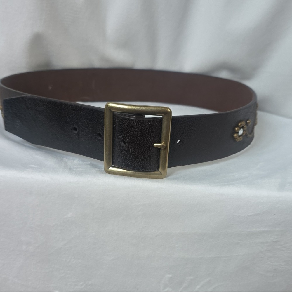 Vintage Fina Firenze 1173K studded & jeweled leather belt with brass buckle.
